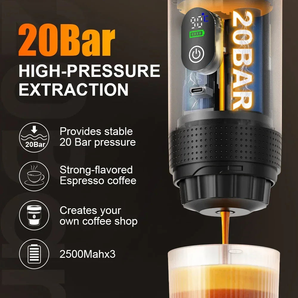 Para los amantes del cafe, Cafetera eléctrica portátil inalámbrica Foombthe para coche y camping, con depósito de agua de 80 ml, pantalla digital, 3 en 1, para cápsulas de café en polvo y viajes.