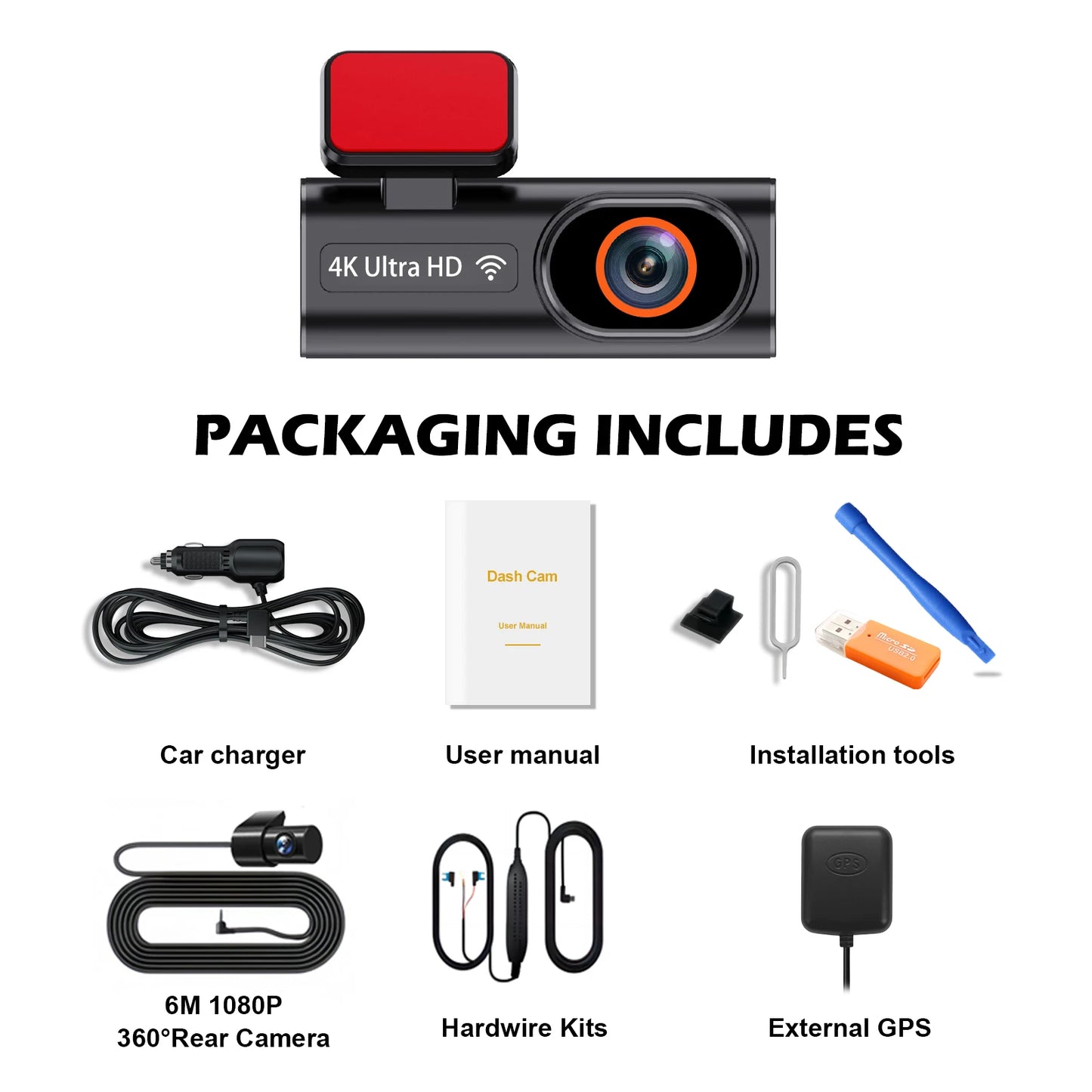 Cámara de salpicadero frontal Ultra HD 4K para coche, Mini WIFI DVR, caja negra para habitación con Monitor de estacionamiento 24H, visión nocturna, GPS/cámara de visión trasera opcional