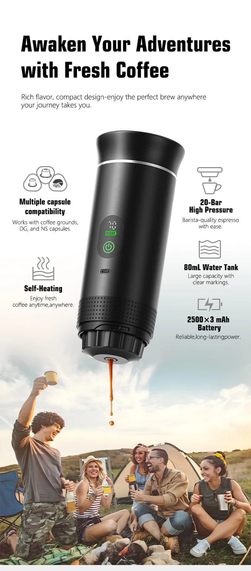 Para los amantes del cafe, Cafetera eléctrica portátil inalámbrica Foombthe para coche y camping, con depósito de agua de 80 ml, pantalla digital, 3 en 1, para cápsulas de café en polvo y viajes.