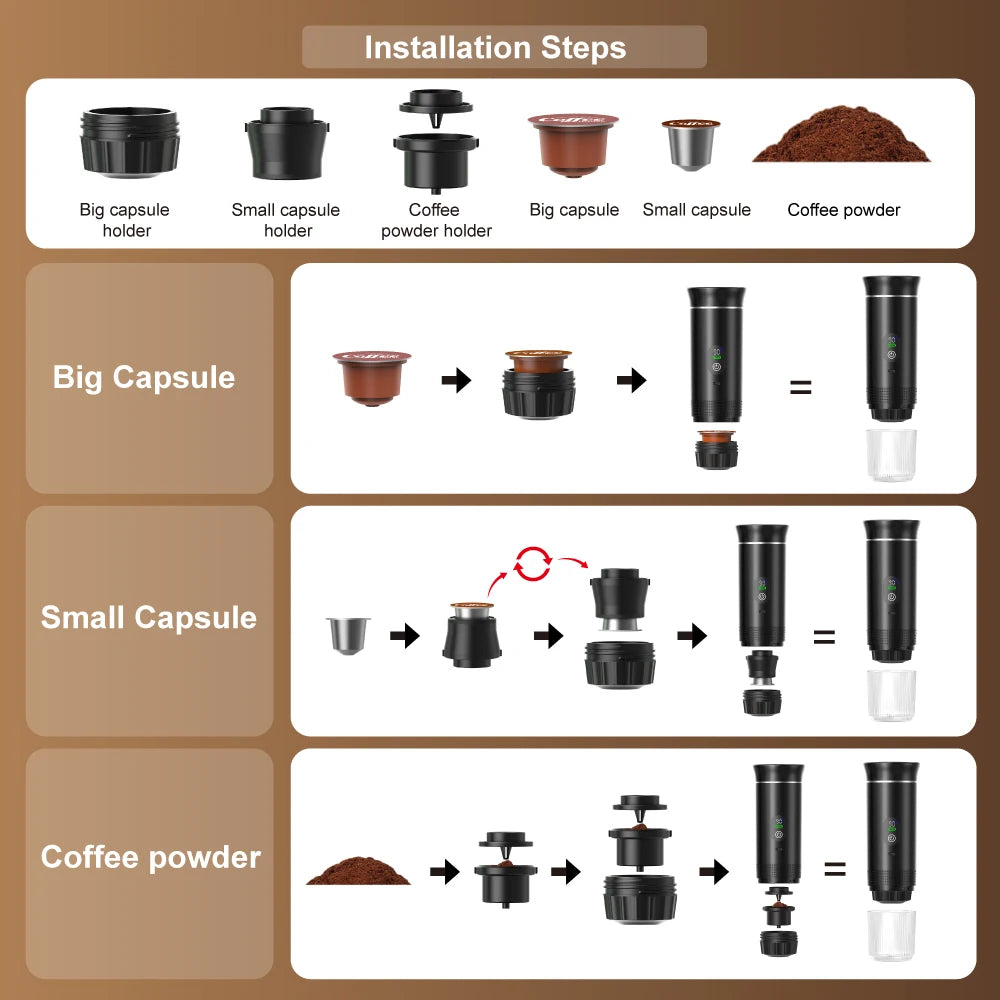 Para los amantes del cafe, Cafetera eléctrica portátil inalámbrica Foombthe para coche y camping, con depósito de agua de 80 ml, pantalla digital, 3 en 1, para cápsulas de café en polvo y viajes.