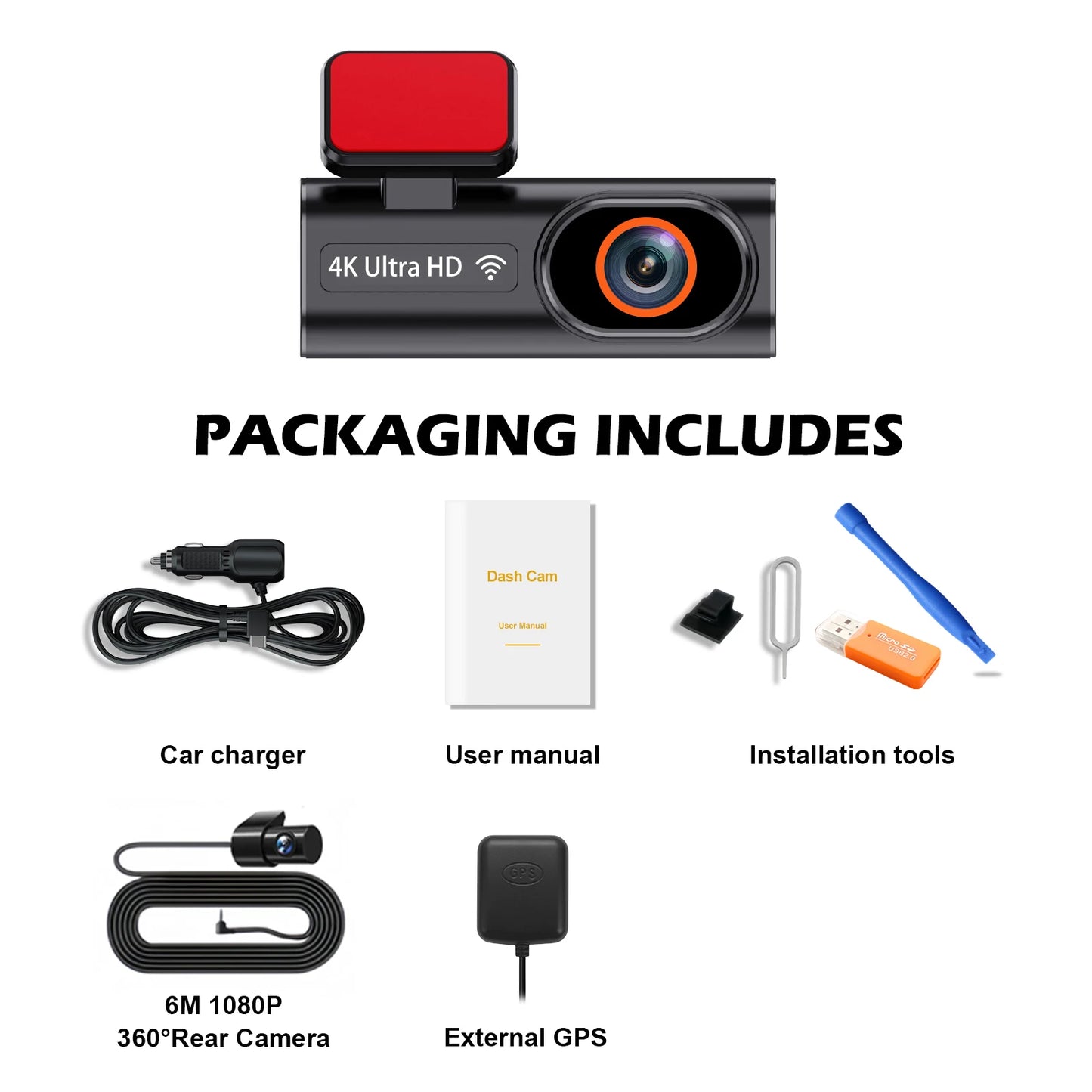 Cámara de salpicadero frontal Ultra HD 4K para coche, Mini WIFI DVR, caja negra para habitación con Monitor de estacionamiento 24H, visión nocturna, GPS/cámara de visión trasera opcional