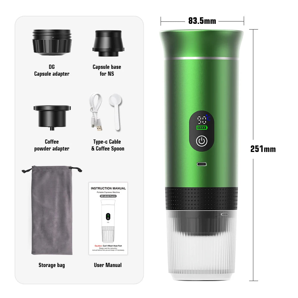 Para los amantes del cafe, Cafetera eléctrica portátil inalámbrica Foombthe para coche y camping, con depósito de agua de 80 ml, pantalla digital, 3 en 1, para cápsulas de café en polvo y viajes.