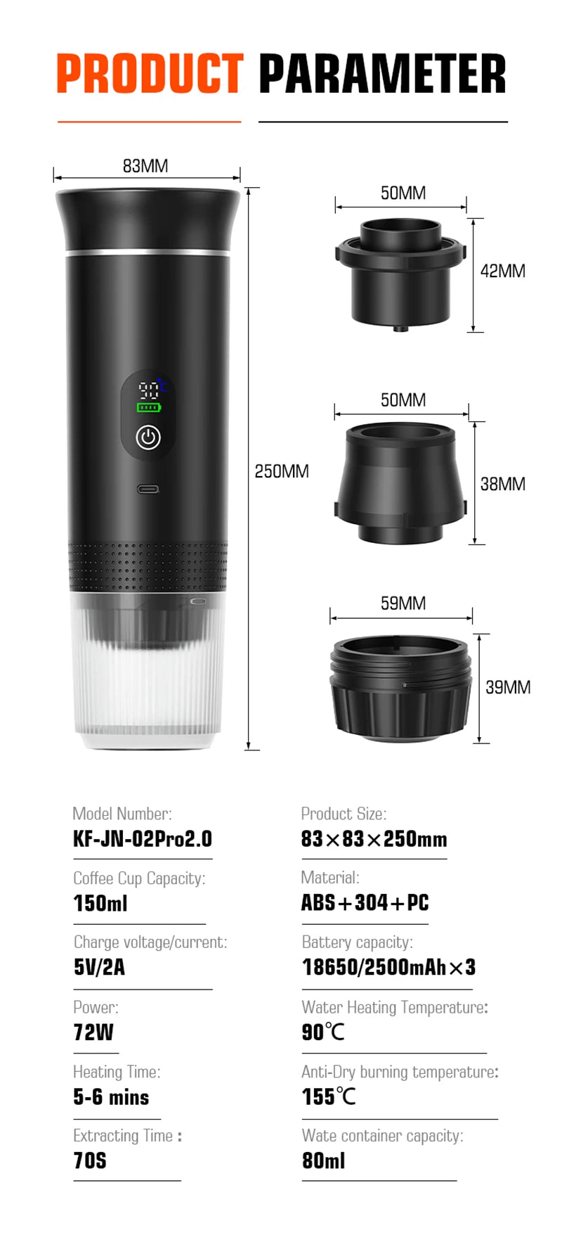 Para los amantes del cafe, Cafetera eléctrica portátil inalámbrica Foombthe para coche y camping, con depósito de agua de 80 ml, pantalla digital, 3 en 1, para cápsulas de café en polvo y viajes.