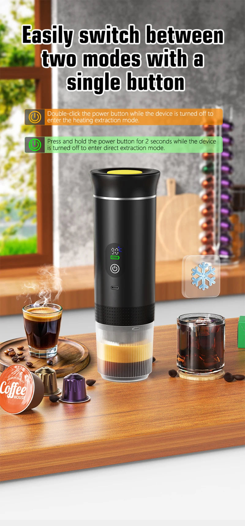 Para los amantes del cafe, Cafetera eléctrica portátil inalámbrica Foombthe para coche y camping, con depósito de agua de 80 ml, pantalla digital, 3 en 1, para cápsulas de café en polvo y viajes.