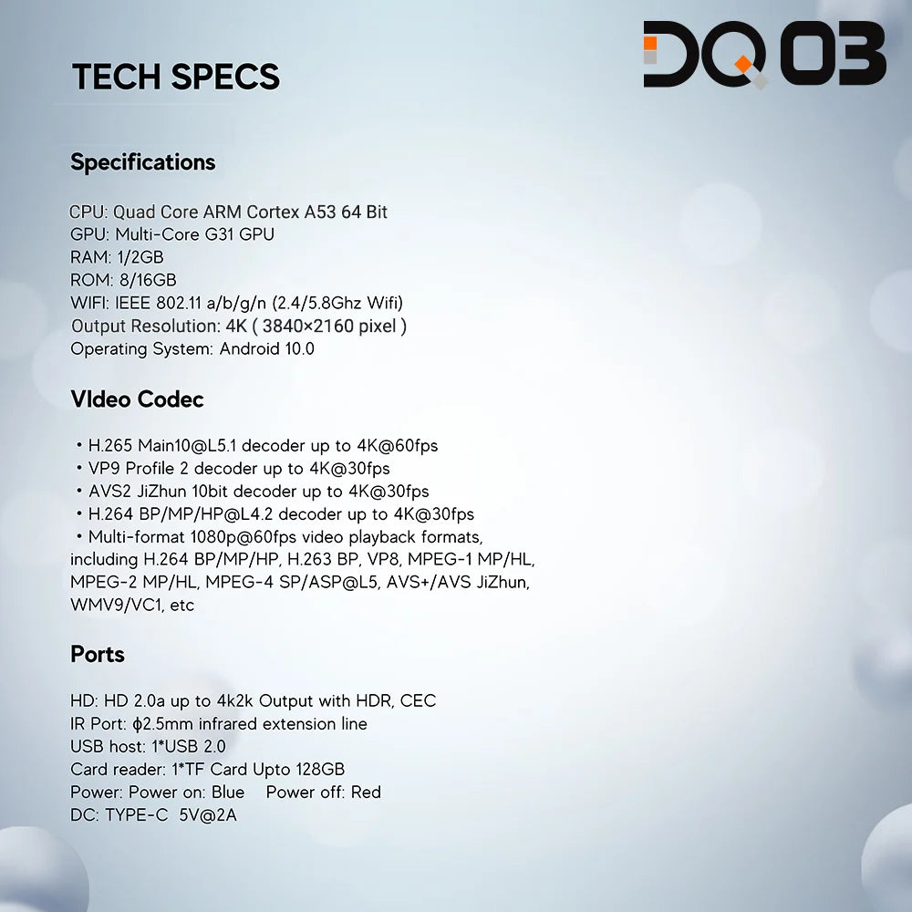 DQ03 Mini TV Stick Android 10 Quad Core ARM Cortex A53 2GB 16GB Soporte 4K H.265 2,4G & 5,8G Wifi Streaming Smart TV Box 1GB 8GB