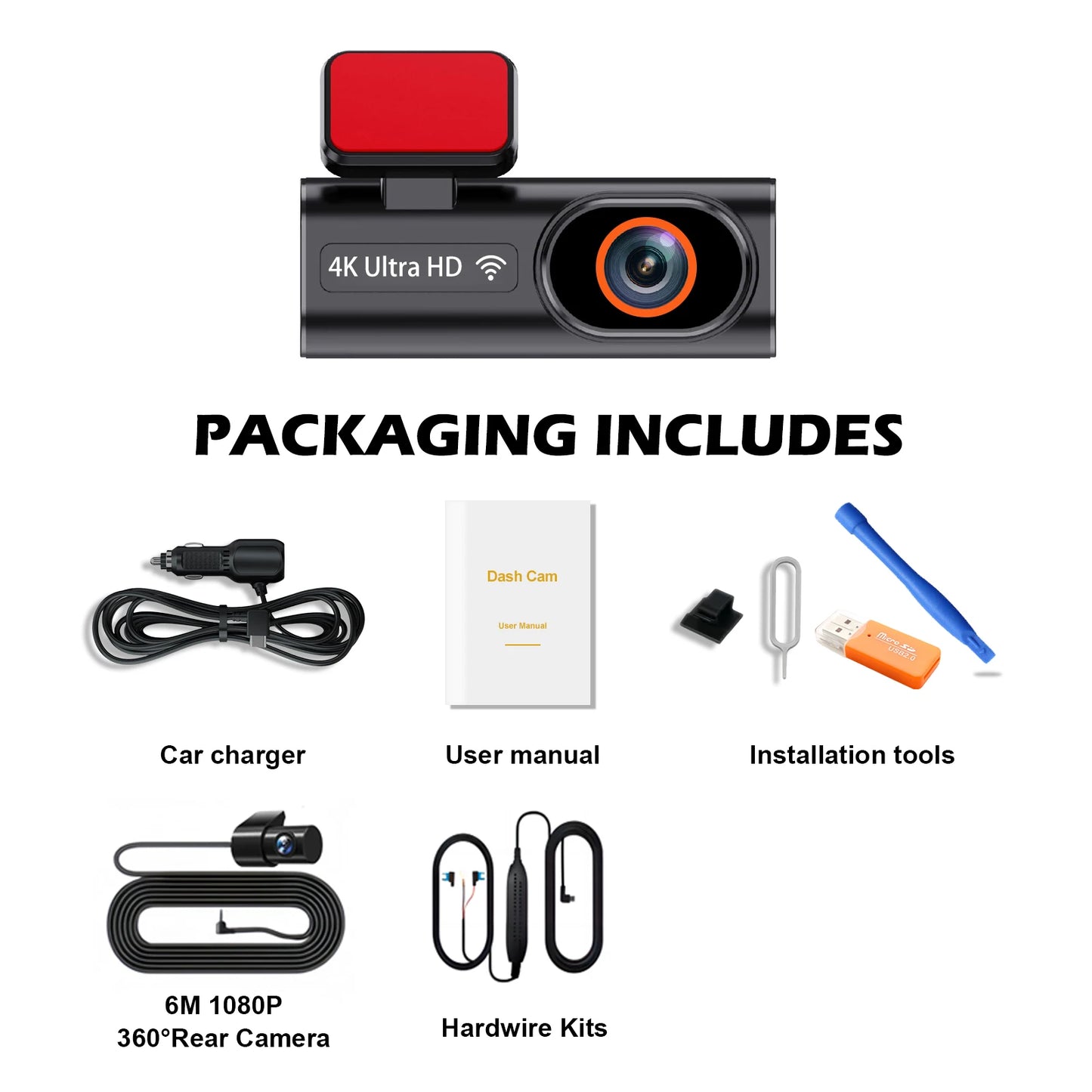 Cámara de salpicadero frontal Ultra HD 4K para coche, Mini WIFI DVR, caja negra para habitación con Monitor de estacionamiento 24H, visión nocturna, GPS/cámara de visión trasera opcional