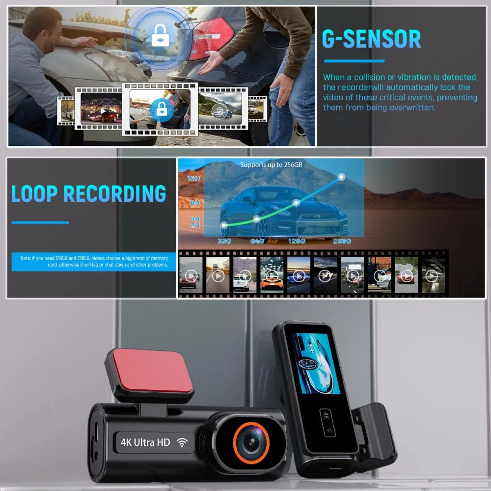 Cámara de salpicadero frontal Ultra HD 4K para coche, Mini WIFI DVR, caja negra para habitación con Monitor de estacionamiento 24H, visión nocturna, GPS/cámara de visión trasera opcional