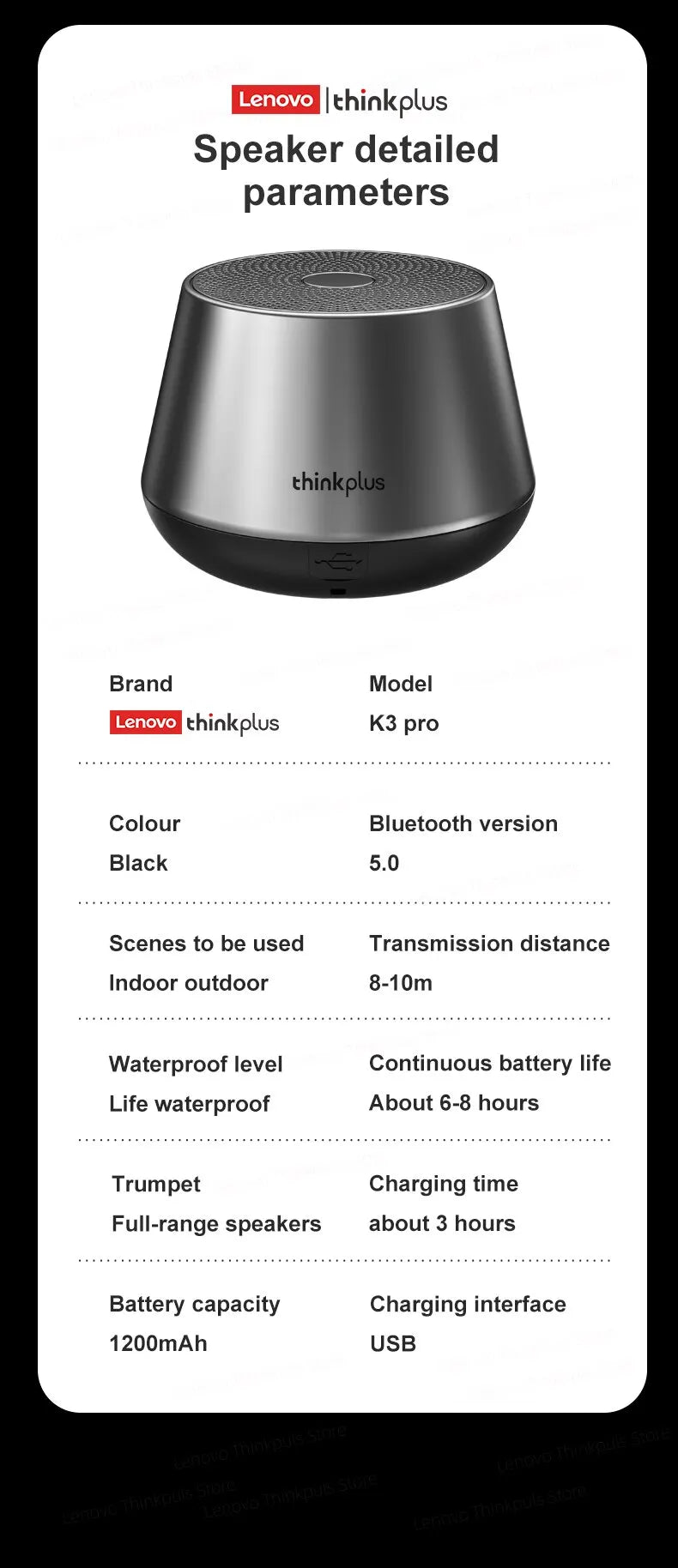 Altavoz Original Lenovo K3 Pro Bluetooth V5.0 Audio grande con sonido de graves profundos caja de sonido para exteriores música altavoz portátil para acampar.