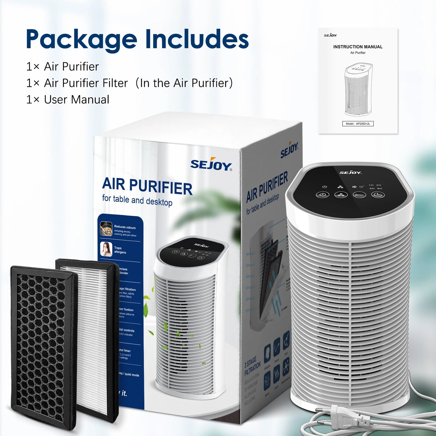 Sejoy-purificador de aire con filtro HEPA para interiores, 200 pies cuadrados, eliminación del 99.9% con ionizador, silencioso, 3 velocidades, purificador de aire para dormitorio y mascotas