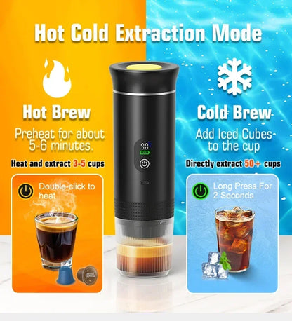 Para los amantes del cafe, Cafetera eléctrica portátil inalámbrica Foombthe para coche y camping, con depósito de agua de 80 ml, pantalla digital, 3 en 1, para cápsulas de café en polvo y viajes.