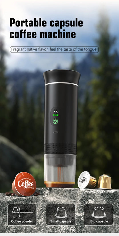 Para los amantes del cafe, Cafetera eléctrica portátil inalámbrica Foombthe para coche y camping, con depósito de agua de 80 ml, pantalla digital, 3 en 1, para cápsulas de café en polvo y viajes.