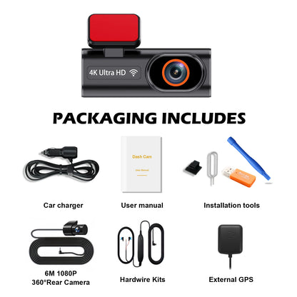 Cámara de salpicadero frontal Ultra HD 4K para coche, Mini WIFI DVR, caja negra para habitación con Monitor de estacionamiento 24H, visión nocturna, GPS/cámara de visión trasera opcional