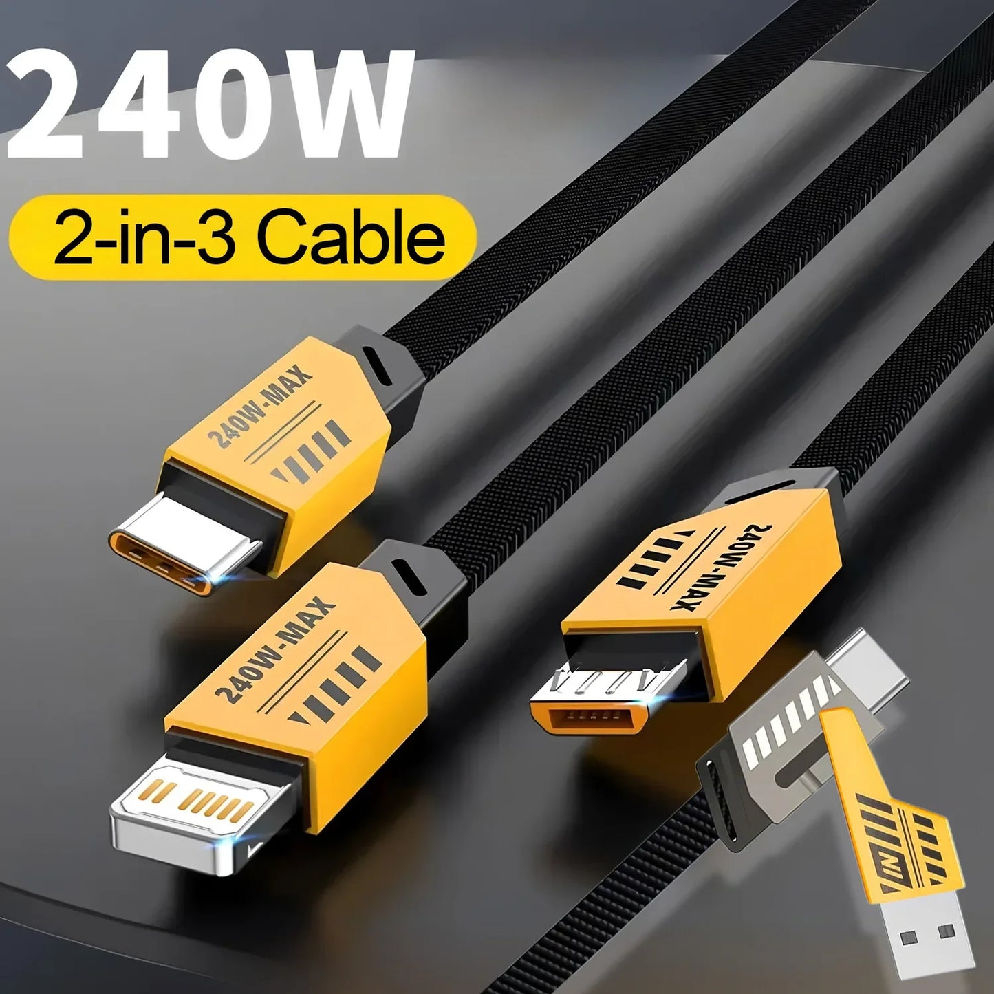 Cable de carga rápida 3 en 2 de 240W para Cable cargador Micro USB tipo C, puerto Multi Usb de 1,2 m, Cable de carga Usb múltiple para iphone huawei