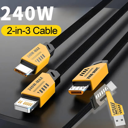 Cable de carga rápida 3 en 2 de 240W para Cable cargador Micro USB tipo C, puerto Multi Usb de 1,2 m, Cable de carga Usb múltiple para iphone huawei