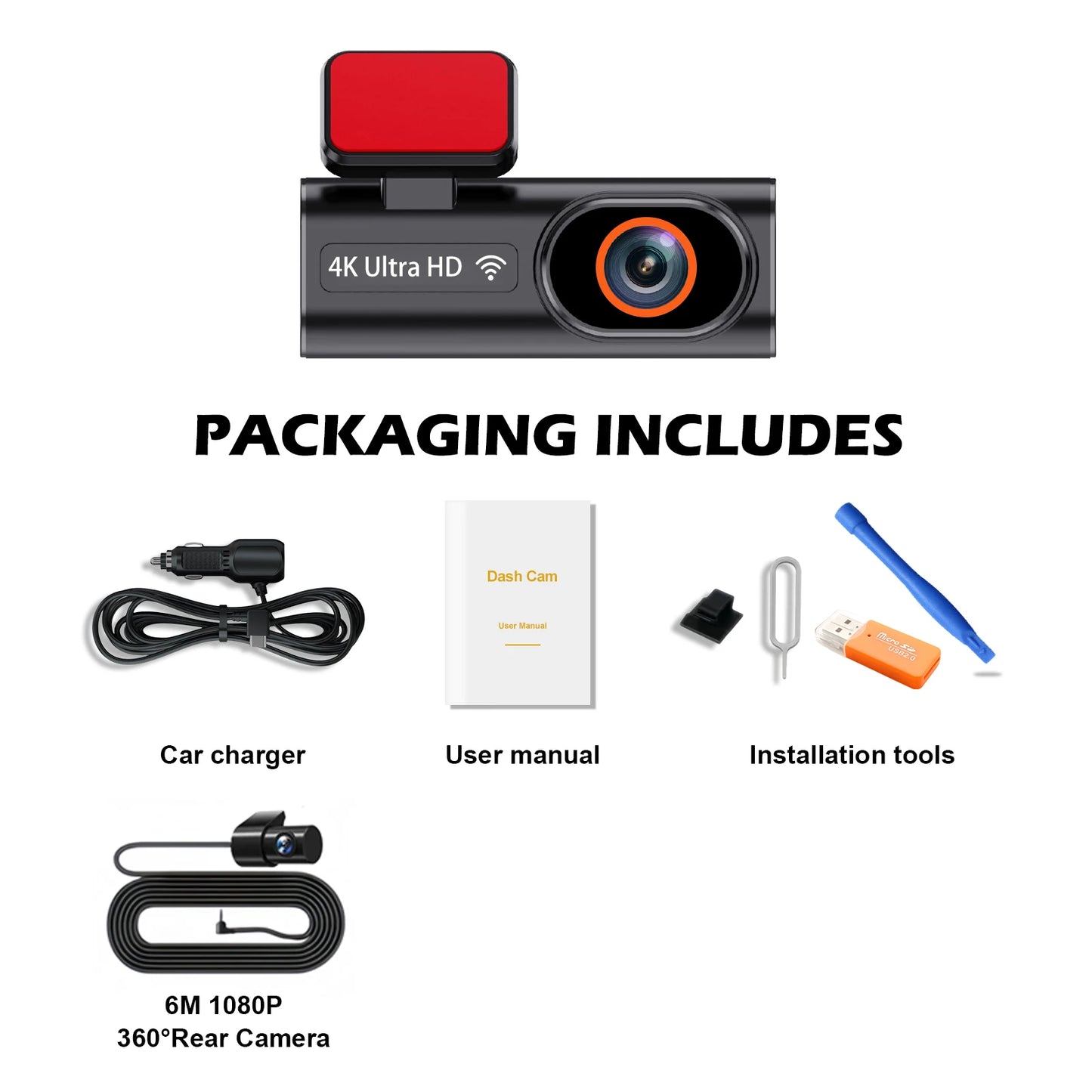 Cámara de salpicadero frontal Ultra HD 4K para coche, Mini WIFI DVR, caja negra para habitación con Monitor de estacionamiento 24H, visión nocturna, GPS/cámara de visión trasera opcional