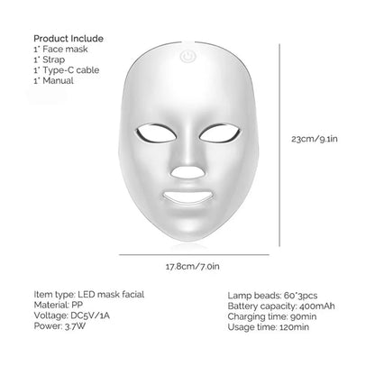 Máquina de belleza facial LED inalámbrica de 7 colores Photon, Facial rejuvenecedor de la cara y el cuello.