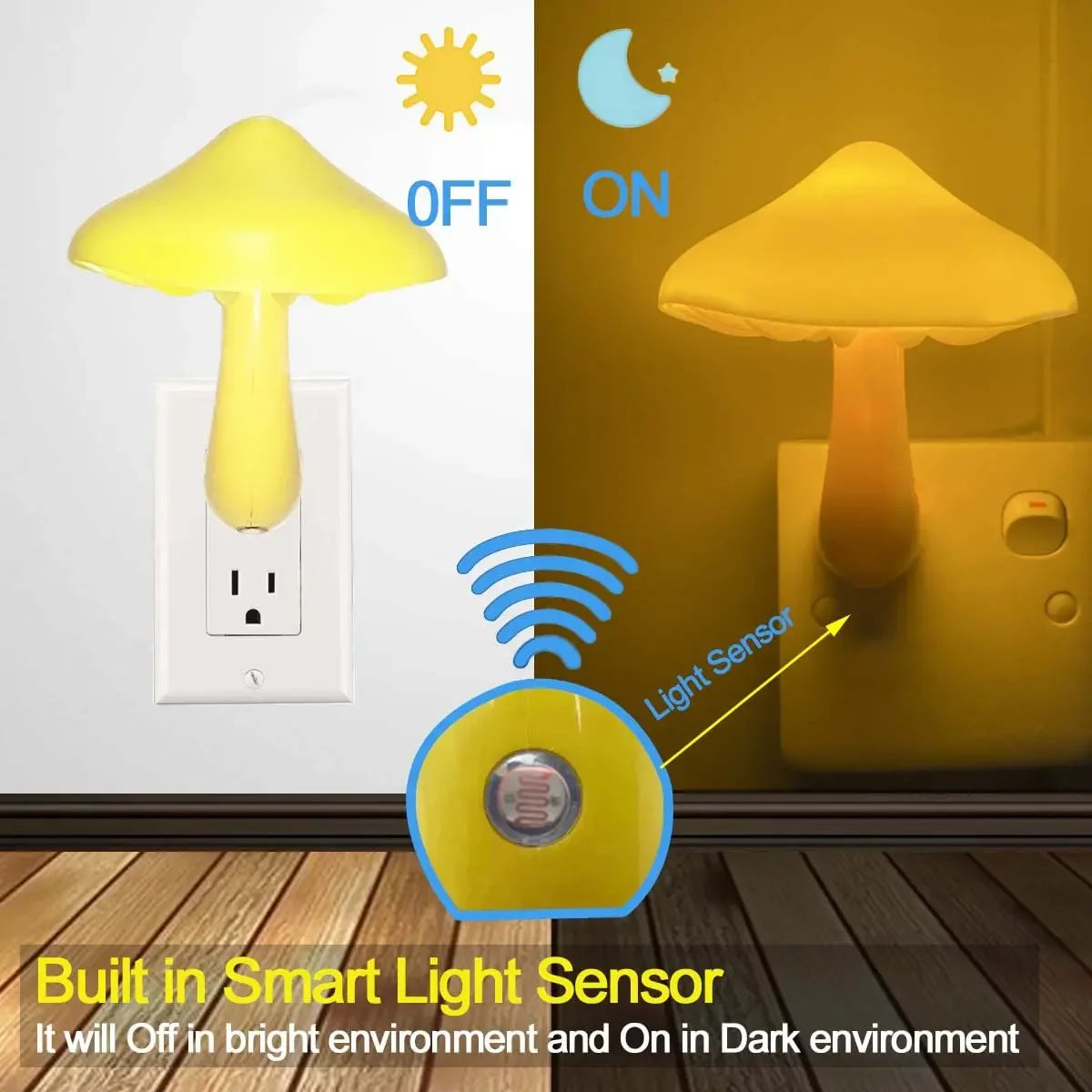 Lámpara de luz nocturna con forma de seta, 220V, Sensor de atardecer al amanecer, enchufe en cama LED, bonita luz nocturna con forma de seta, luces nocturnas para bebés para niños