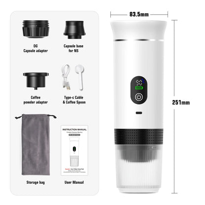 Para los amantes del cafe, Cafetera eléctrica portátil inalámbrica Foombthe para coche y camping, con depósito de agua de 80 ml, pantalla digital, 3 en 1, para cápsulas de café en polvo y viajes.