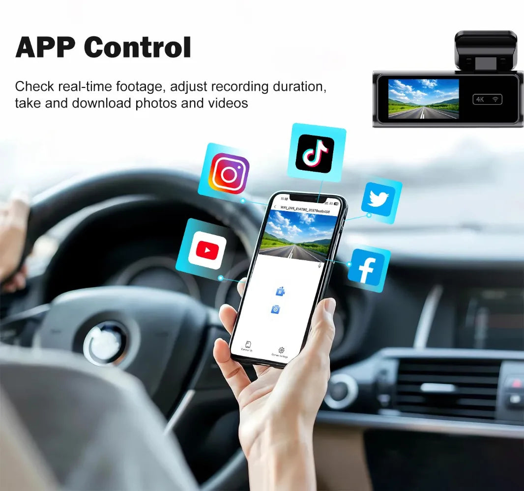 Cámara de salpicadero frontal Ultra HD 4K para coche, Mini WIFI DVR, caja negra para habitación con Monitor de estacionamiento 24H, visión nocturna, GPS/cámara de visión trasera opcional
