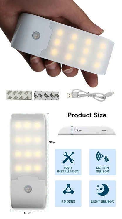 Luz LED nocturna con Sensor de movimiento, luz de pared recargable por USB para armario, pasillo, escalera, mesita de noche, luces de noche para dormitorio.