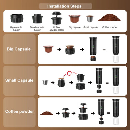 Para los amantes del cafe, Cafetera eléctrica portátil inalámbrica Foombthe para coche y camping, con depósito de agua de 80 ml, pantalla digital, 3 en 1, para cápsulas de café en polvo y viajes.