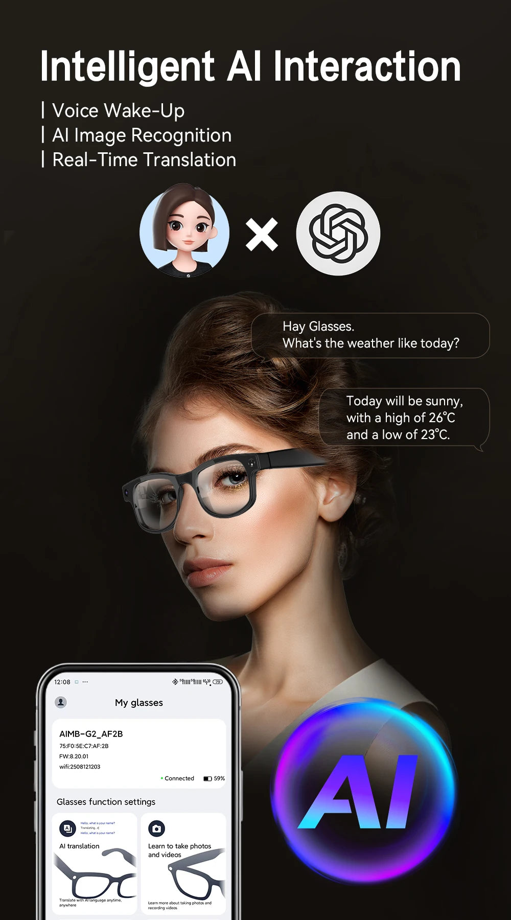 Xiaomi 6K HD AI gafas inteligentes gafas fotocromáticas multifunción cámara Bluetooth llamadas asistente de voz reproductor de música traducción.