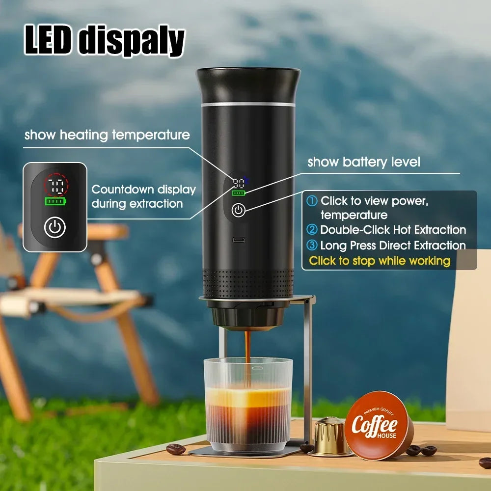 Para los amantes del cafe, Cafetera eléctrica portátil inalámbrica Foombthe para coche y camping, con depósito de agua de 80 ml, pantalla digital, 3 en 1, para cápsulas de café en polvo y viajes.
