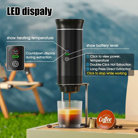 Para los amantes del cafe, Cafetera eléctrica portátil inalámbrica Foombthe para coche y camping, con depósito de agua de 80 ml, pantalla digital, 3 en 1, para cápsulas de café en polvo y viajes.