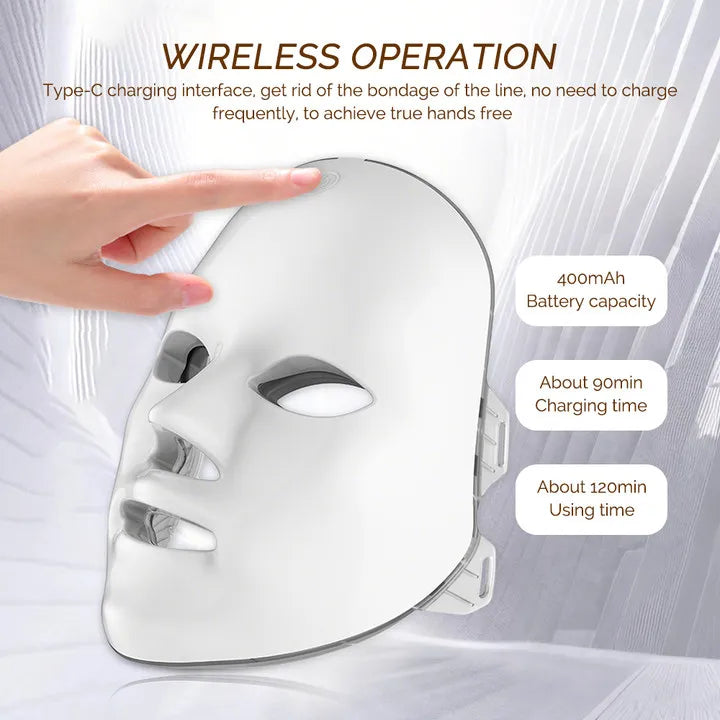Máquina de belleza facial LED inalámbrica de 7 colores Photon, Facial rejuvenecedor de la cara y el cuello.