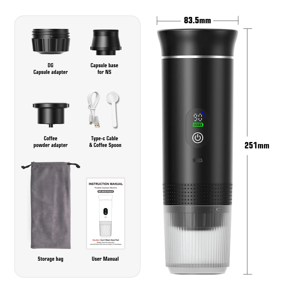 Para los amantes del cafe, Cafetera eléctrica portátil inalámbrica Foombthe para coche y camping, con depósito de agua de 80 ml, pantalla digital, 3 en 1, para cápsulas de café en polvo y viajes.