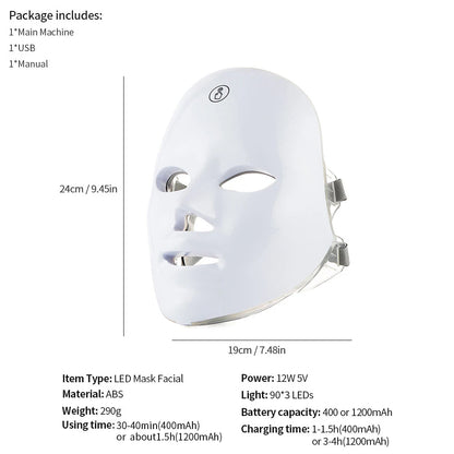 Máquina de belleza facial LED inalámbrica de 7 colores Photon, Facial rejuvenecedor de la cara y el cuello.