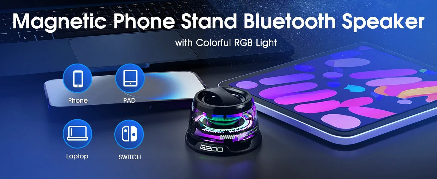 Practico Altavoz Bluetooth magnético para exteriores, mini altavoz estéreo portátil inalámbrico, para viajes con luz de Color RGB y soporte para teléfono.