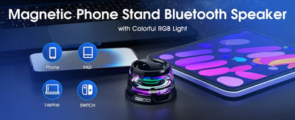 Practico Altavoz Bluetooth magnético para exteriores, mini altavoz estéreo portátil inalámbrico, para viajes con luz de Color RGB y soporte para teléfono.