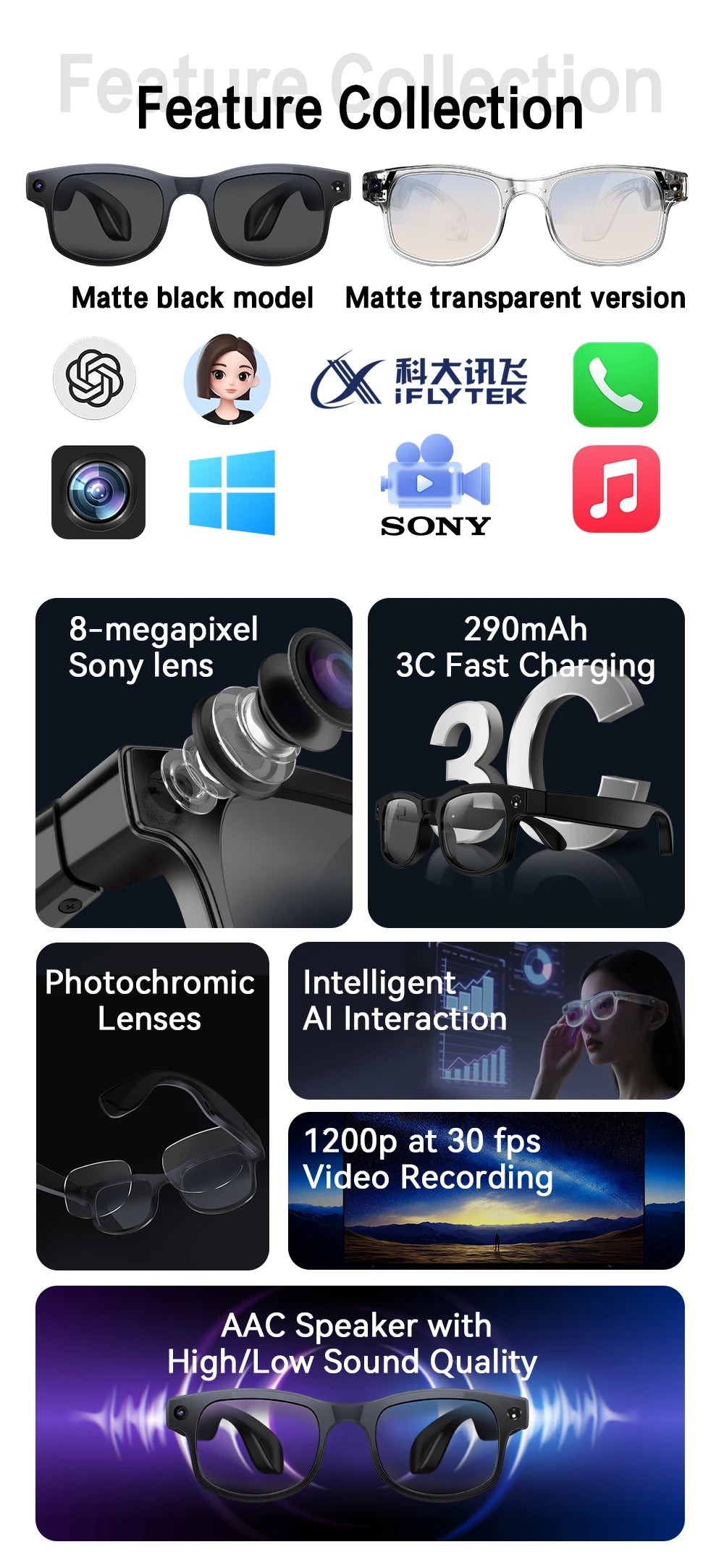 Xiaomi 6K HD AI gafas inteligentes gafas fotocromáticas multifunción cámara Bluetooth llamadas asistente de voz reproductor de música traducción.