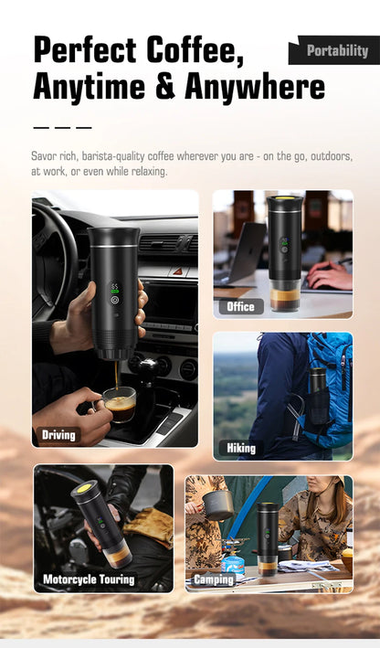 Para los amantes del cafe, Cafetera eléctrica portátil inalámbrica Foombthe para coche y camping, con depósito de agua de 80 ml, pantalla digital, 3 en 1, para cápsulas de café en polvo y viajes.