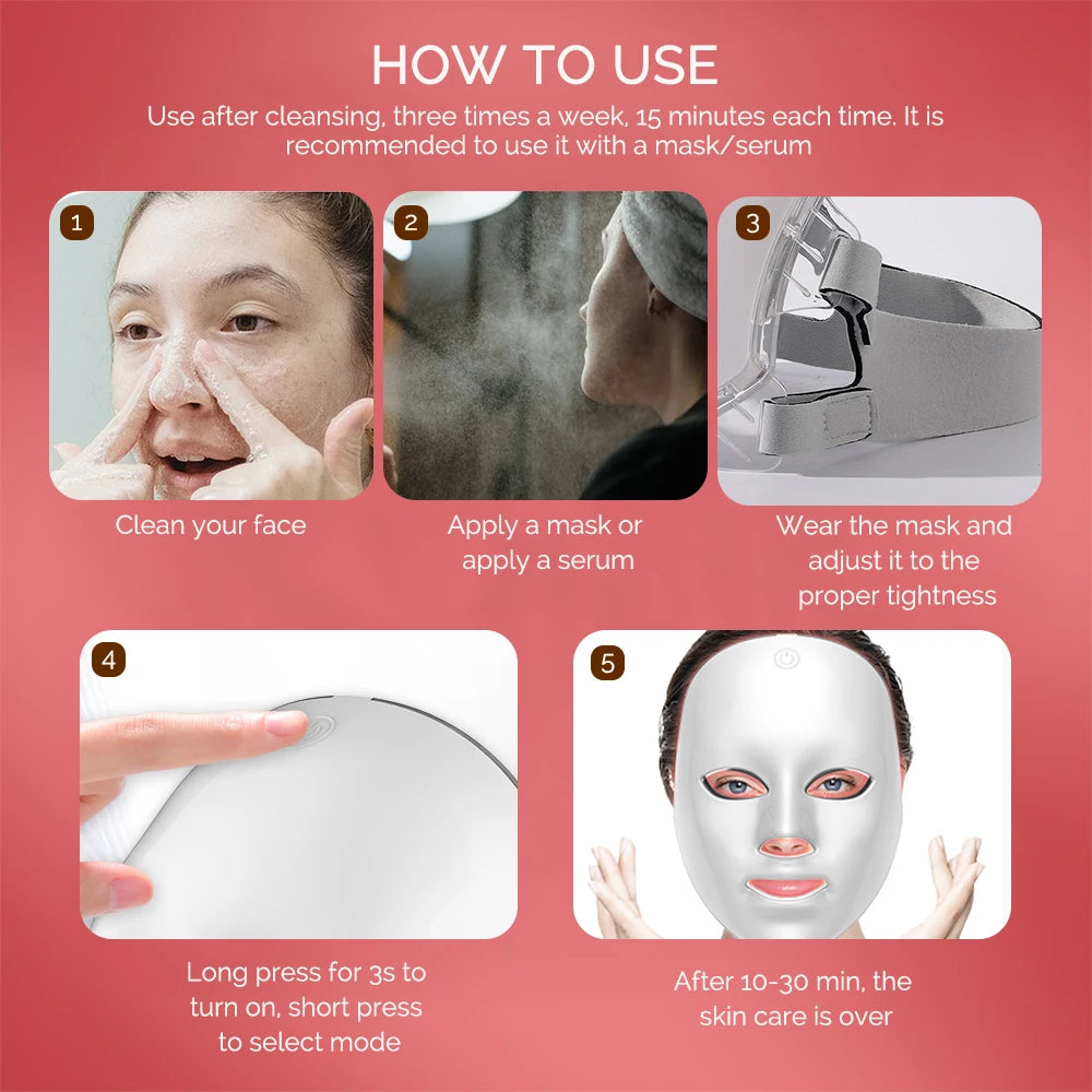 Máquina de belleza facial LED inalámbrica de 7 colores Photon, Facial rejuvenecedor de la cara y el cuello.
