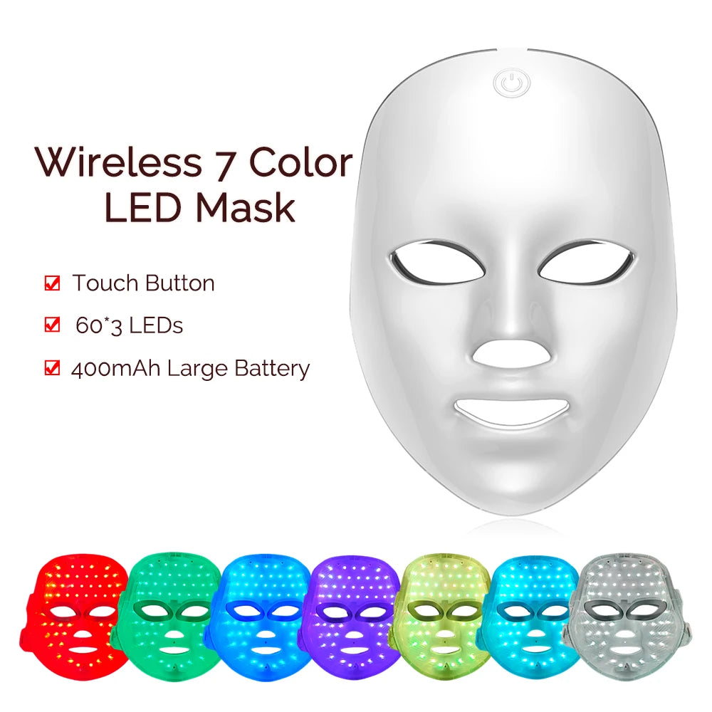 Máquina de belleza facial LED inalámbrica de 7 colores Photon, Facial rejuvenecedor de la cara y el cuello.