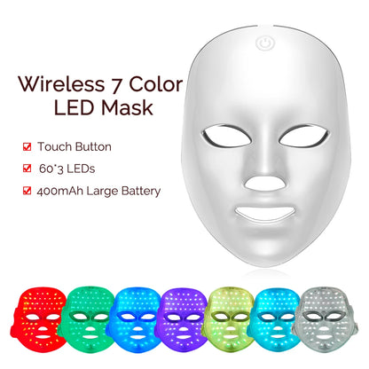 Máquina de belleza facial LED inalámbrica de 7 colores Photon, Facial rejuvenecedor de la cara y el cuello.