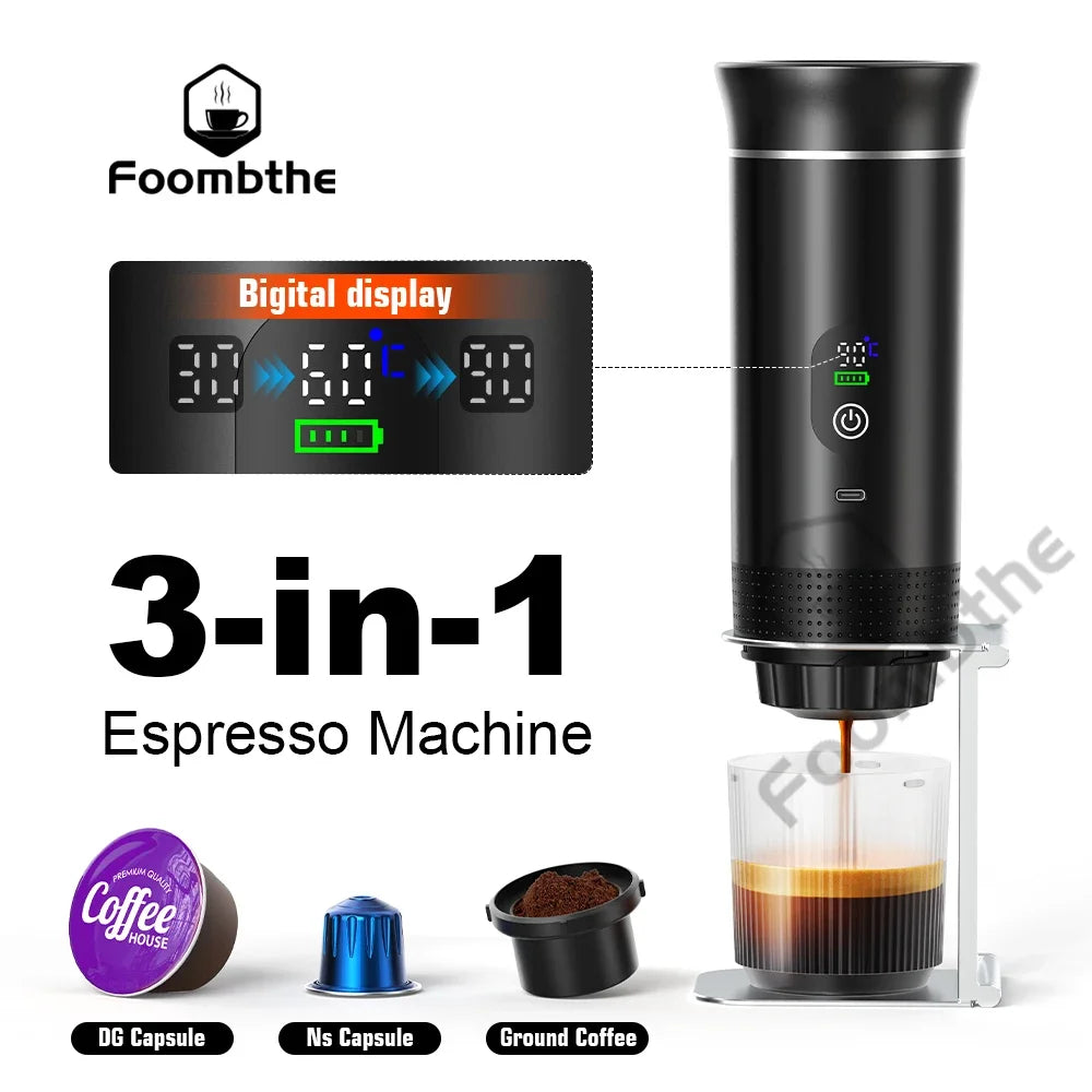 Para los amantes del cafe, Cafetera eléctrica portátil inalámbrica Foombthe para coche y camping, con depósito de agua de 80 ml, pantalla digital, 3 en 1, para cápsulas de café en polvo y viajes.