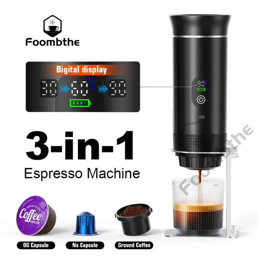 Para los amantes del cafe, Cafetera eléctrica portátil inalámbrica Foombthe para coche y camping, con depósito de agua de 80 ml, pantalla digital, 3 en 1, para cápsulas de café en polvo y viajes.