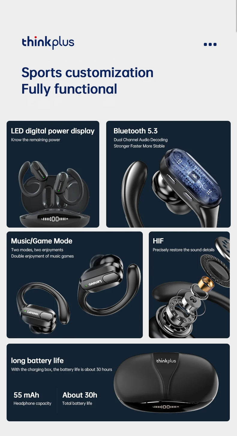 Auriculares inalámbricos deportivos Lenovo XT80 originales con micrófonos, pantalla LED de alimentación, sonido estéreo de alta fidelidad, auriculares Bluetooth 5,3 TWS, resistente al agua y soporte de apple siri