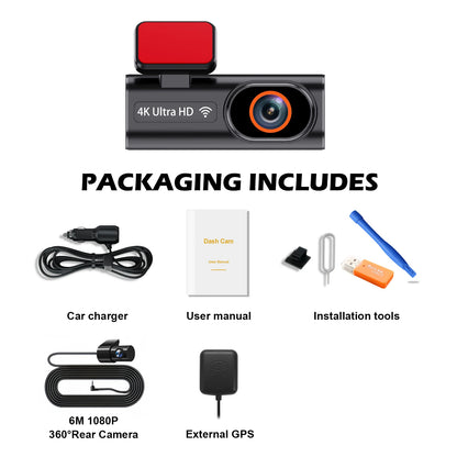 Cámara de salpicadero frontal Ultra HD 4K para coche, Mini WIFI DVR, caja negra para habitación con Monitor de estacionamiento 24H, visión nocturna, GPS/cámara de visión trasera opcional