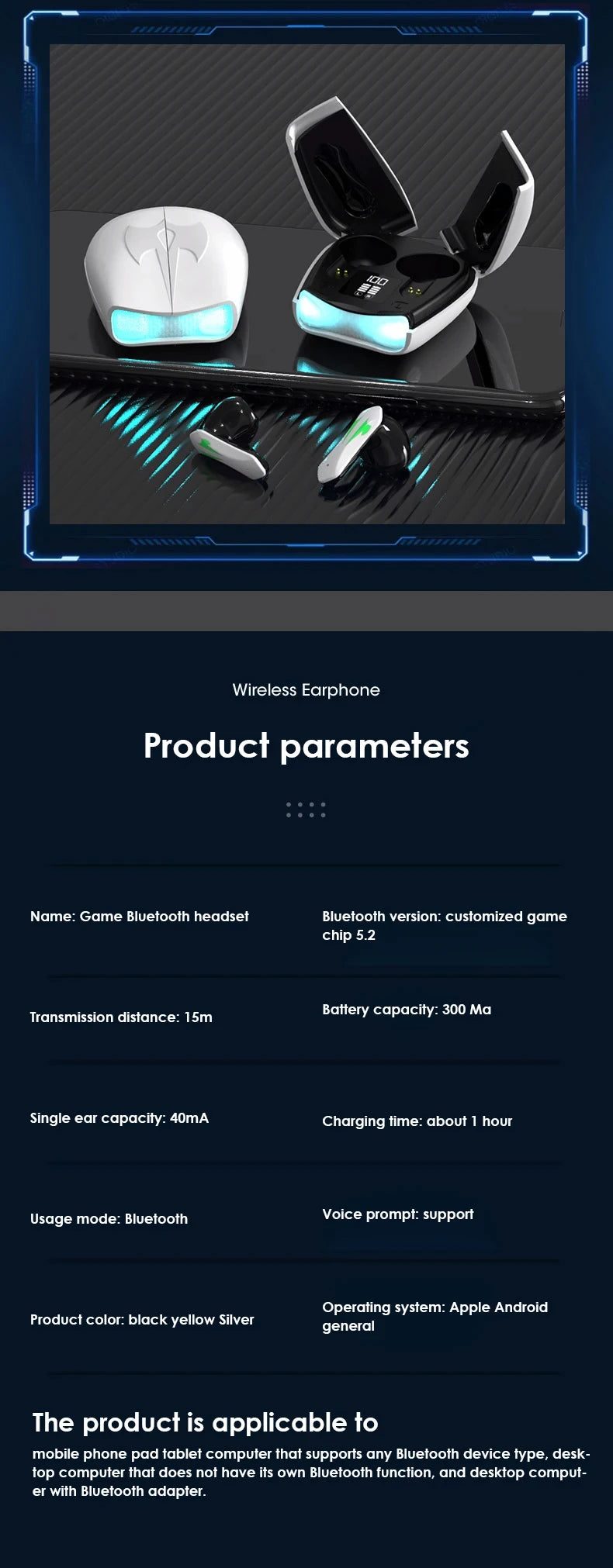 Auriculares Bluetooth con baja latencia, alta calidad, para videojuegos, batería de larga duración, música, inalámbricos, Bluetooth, para deportes al aire libre.