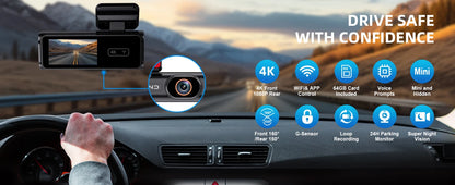 Cámara de salpicadero frontal Ultra HD 4K para coche, Mini WIFI DVR, caja negra para habitación con Monitor de estacionamiento 24H, visión nocturna, GPS/cámara de visión trasera opcional