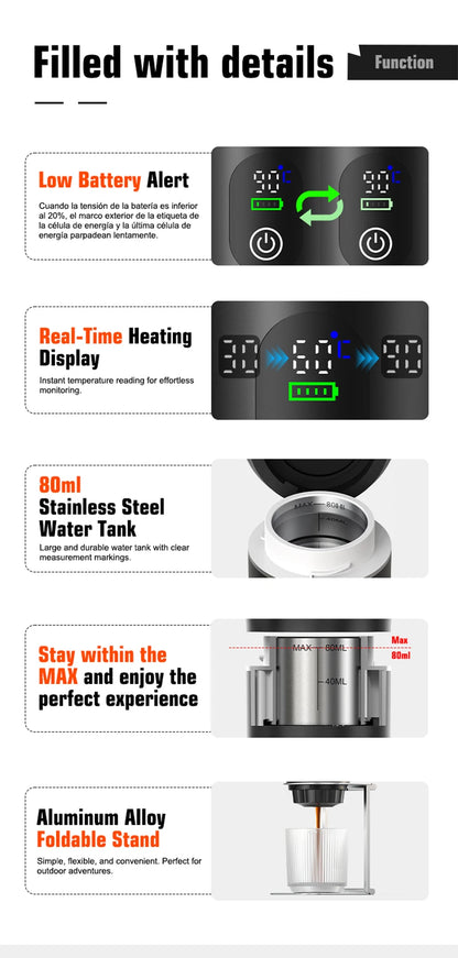 Para los amantes del cafe, Cafetera eléctrica portátil inalámbrica Foombthe para coche y camping, con depósito de agua de 80 ml, pantalla digital, 3 en 1, para cápsulas de café en polvo y viajes.