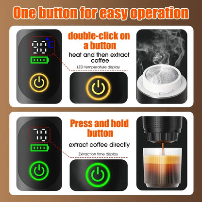 Para los amantes del cafe, Cafetera eléctrica portátil inalámbrica Foombthe para coche y camping, con depósito de agua de 80 ml, pantalla digital, 3 en 1, para cápsulas de café en polvo y viajes.
