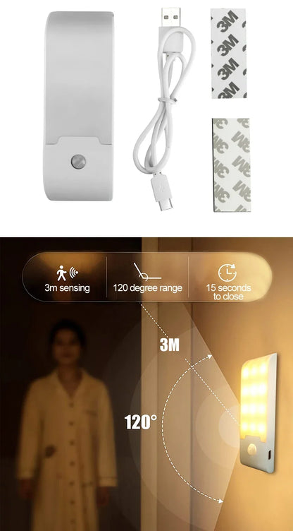Luz LED nocturna con Sensor de movimiento, luz de pared recargable por USB para armario, pasillo, escalera, mesita de noche, luces de noche para dormitorio.