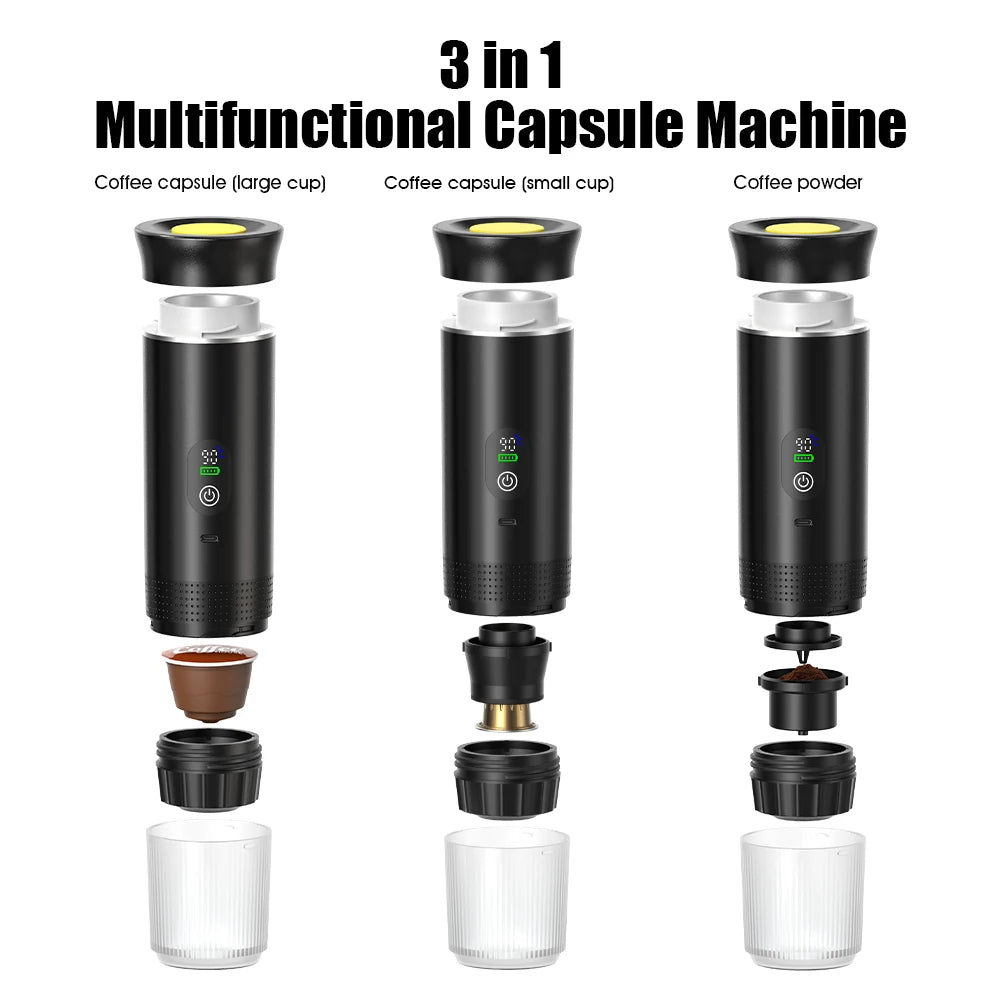 Para los amantes del cafe, Cafetera eléctrica portátil inalámbrica Foombthe para coche y camping, con depósito de agua de 80 ml, pantalla digital, 3 en 1, para cápsulas de café en polvo y viajes.
