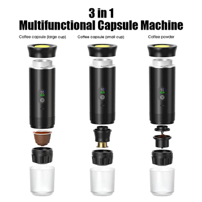 Para los amantes del cafe, Cafetera eléctrica portátil inalámbrica Foombthe para coche y camping, con depósito de agua de 80 ml, pantalla digital, 3 en 1, para cápsulas de café en polvo y viajes.