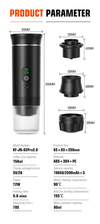 Para los amantes del cafe, Cafetera eléctrica portátil inalámbrica Foombthe para coche y camping, con depósito de agua de 80 ml, pantalla digital, 3 en 1, para cápsulas de café en polvo y viajes.